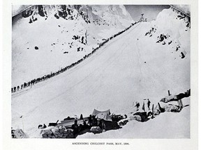 Miners heading to the Klondike Gold Rush ascend the Chilkoot Pass in Alaska, May, 1898, from the book Klondyke Souvenir.