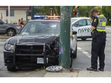 Vancouver Police investigate a crash Wednesday afternoon at 41st Avenue and Knight Street that involved a VPD cruiser.