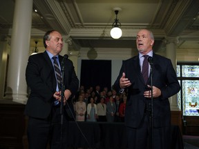 B.C.’s new ‘power couple’ — NDP Premier John Horgan (right) and government supporter/Green party Leader Andrew Weaver — would do well to observe the rule of law when it comes to jurisdictional control over matters like interprovincial matters like energy pipelines.