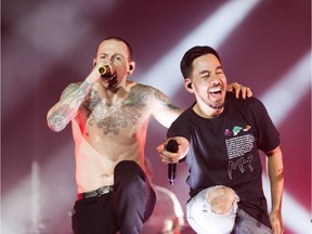 Linkin Park members Chester Bennington (left) and Mike Shinoda (right) perform onstage at The O2 Arena in London, as part of their One More Light Tour. Bennington committed suicide this week in a private home in L.A. The band was set to perform in Vancouver this fall.