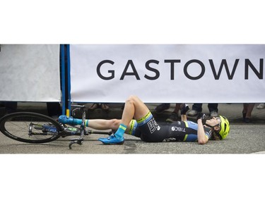 Jennifer Tetrick lays on the ground after a crash in the women's Global Relay Gastown Grand Prix , Vancouver, July 12 2017.