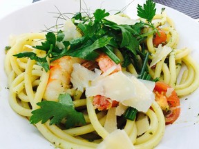 Bucatini with prawns and pesto at Orto Artisan Pasta in North Vancouver.