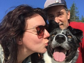 Hazel Hollingdale and Darren Claydon with Maybe, a three-year-old Australian shepherd that vanished on Savary Island on Feb. 3.