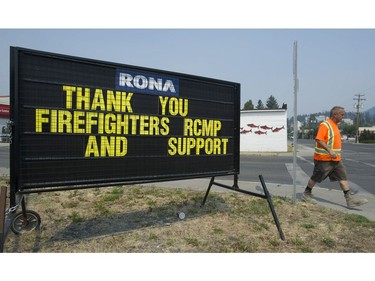 A sign in Williams Lake shows appreciation to various agencies that are helping out during the wildfire situation, Friday, July 14, 2017.