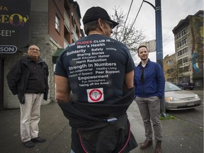 Dr. Paul Gross, right, with members of the Downtown Eastside DUDES Club, from left, Sandy Lambert and Richard Teague.