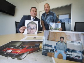 Sgt. Mike Heard (left), holding a drawing of 'person of interest',  and retired homicide detective Ron Symes (at right) in Vancouver, B.C., July 5, 2017.
