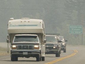 Traffic heads out of Williams Lake as wildfires threatened to shift towards the city, the entire population of 10,000 is on evacuation alert.