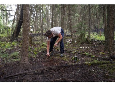 Ty Lucas checks the ground around his home after fire threatened his home  near Alexandria, BC last week after the Soda Creek Fire jumped across the Fraser River, July, 16, 2017.