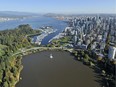 An aerial view of Lost Lagoon and, across the Stanley Park causeway, Burrard Inlet, taken in 2010. Until a century ago, it was all one body of water.