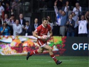 File: Canada's Adam Zaruba runs for the game-winning try against Australia during World Rugby Sevens Series' Canada Sevens tournament action, in Vancouver, B.C., on Saturday, March 12, 2016.