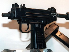 FILE PHOTO A Uzi pistol is displayed at the Israeli Military Industries (IMI) in Ramat Hasharon.