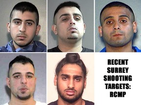 Police say these men are allegedly recent targets of a string of shootings in the Surrey area, clockwise from top left: Harmeet Singh Sanghera, Indervir Singh Johal, Ibrahim Amjed Ibrahim, Manbir Singh Grewal and Karman Singh Grewal. The public is warned not to associate with them for their own safety.