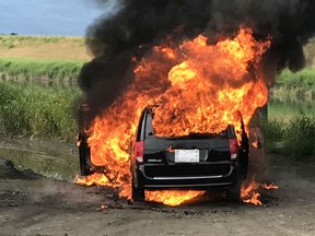 A Dodge Caravan was set alight in Chilliwack on Friday morning. Police believe it is connected to the shooting of man a short time before.