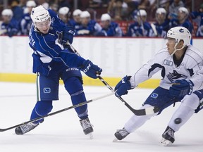 Adam Gaudette (left) was impressive in all aspects of his game during the Summer Showdown Canucks top prospects game Thursday.