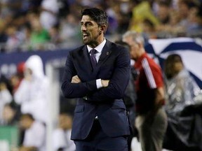 MLS All-Stars coach Veljko Paunovic talks to his players during the first half of the MLS All-Star Game against Real Madrid, Wednesday, Aug. 2, 2017, in Chicago. (AP Photo/Nam Y. Huh)