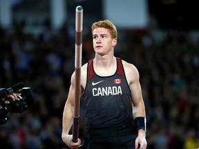 Canada&#039;s Shawn Barber holds a pole in the men&#039;s pole vault final during the World Athletics Championships in London Tuesday, Aug. 8, 2017. (AP Photo/Matthias Schrader)