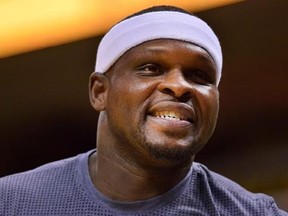 FILE - In this April 27, 2017, file photo Memphis Grizzlies forward Zach Randolph warms up before an NBA basketball game against the San Antonio Spurs in Memphis, Tenn. Police say Randolph was arrested on a marijuana charge after several police cars were vandalized when a large gathering became unruly at a Los Angeles housing project on Wednesday, Aug. 9, 2017. Randolph was taken into custody on suspicion of possession of marijuana with intent to sell. (AP Photo/Brandon Dill,File)