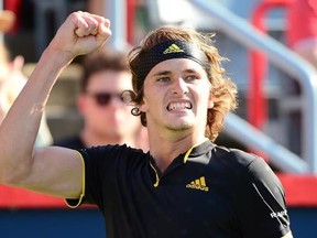 Alexander Zverev of Germany reacts to a point against Roger Federer of Switzerland during the final of the Rogers Cup tennis tournament Sunday, August 13, 2017 in Montreal. THE CANADIAN PRESS/Paul Chiasson