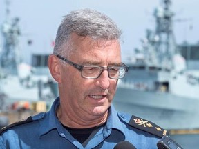 Rear-Admiral John Newton talks with reporters in Halifax on Thursday, Aug. 31, 2017. Newton said that no criminal charges will be laid in relation to the behaviour of five Canadian Forces personnel who disrupted a Mi&#039;kmaq ceremony in Halifax on July 1. The men said they belonged to the group the Proud Boys. THE CANADIAN PRESS/Andrew Vaughan