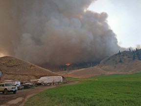 A controlled burn by the B.C. Wildfire Service on Tuesday jumped from the east side to the west side of Highway 97 near the intersection with Loon Lake Road. It's now threatening properties on the west side.