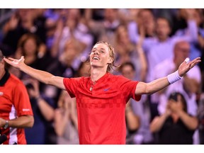 Canadian Denis Shapovalov celebrates his upset victory over Rafael Nadal of Spain on Thursday in the Rogers Cup at Montreal's Uniprix Stadium. Shapovalov bounced Nadal 6-3, 4-6, 6-7.