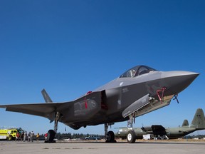 An F-35A fighter aircraft sits on the tarmac at Abbotsford International Airport ahead of the Abbotsford International Airshow, in Abbotsford, B.C., on Thursday August 11, 2016.