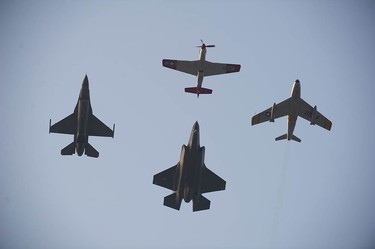 A U.S. Air Force heritage flight with a P-51, F-86, F-16 and F-35 performing at the Abbotsford Airshow on Friday, Aug. 11.