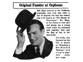 Aug. 15, 1931 story in the Vancouver Sun about Bob Hope, who appeared in a vaudeville act at the Orpheum Theatre.