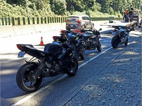 The RCMP impounded six motorcycles that police say were being driven erratically at high speed on Aug. 27 on Highway 1 in North Vancouver.