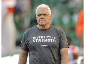 B.C. Lions head coach Wally Buono fashions a “Diversity is Strength” T-shirt before his team played the Saskatchewan Roughriders last Sunday in Regina. CFL Commissioner Randy Ambrosie was invited to appear on CNN International to discuss the clever and well-timed league initiative.