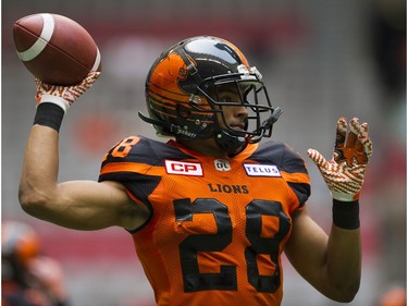 BC Lions #28 Nate Hamlin during warm up prior to playing the Saskatchewan Roughriders in a regular season CHL football game at BC Place Vancouver, August 05 2017.