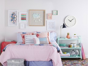Bedding in bright, fun, colours and patterns is the best place to start with dorm room decor, says HomeSense Design Expert Tamara Robbins. Accessories, like this powder coated metal shelf with casters (i.e. turquoise trolley cart) at HomeSense adds personality to the space, and is also functional.