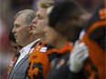 CFL commissioner Randy Ambrosie listens to the national anthem prior to the B.C. Lions playing the Winnipeg Blue Bombers at B.C. Place earlier in July.