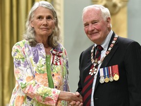 Jean Swanson, Vancouver poverty and homelessness activist, is invested as a member of the Order of Canada by Gov. Gen. David Johnston during a ceremony at Rideau Hall in Ottawa on Friday, August 25, 2017.