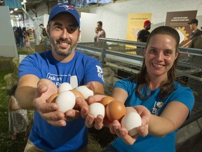 Egg-farmer Jon Krahn and Katie Lowe, executive director of the B.C. Egg Marketing Board, show off eggs at the PNE on Aug 23.