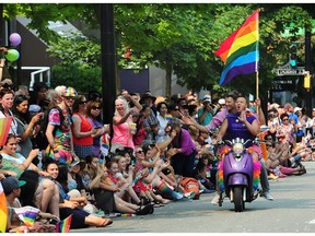 Vancouver will declare 2018 the Year of the Queer to mark the significant anniversaries of 15 LGBTQ community organizations. Revellers are pictured during the Vancouver Pride Festival in this 2017 photo.