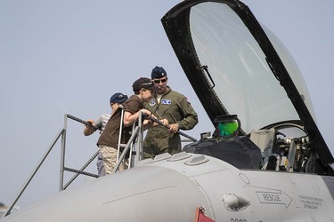 An F-16 pilot gives a tour of his plane at the Abbotsford International Air Show.