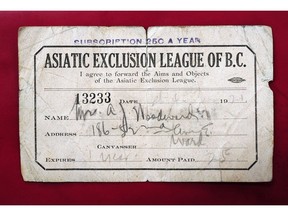 A 1921 membership card to the Asiatic Exclusion League of B.C. Artifacts from the racist organization are rare — this card turned up in a book that was sold to Macleod's Books in Vancouver in 2014.