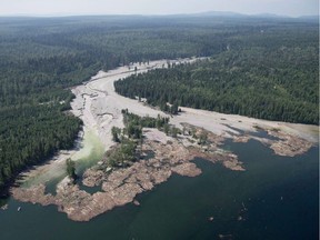 Contents from a tailings pond are pictured going down the Hazeltine Creek into Quesnel Lake near the town of Likely on Aug. 5, 2014.