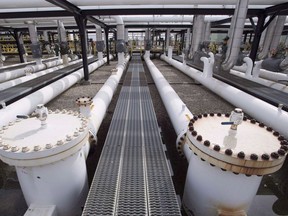 Pipes are seen at the Kinder Morgan Trans Mountain facility in Edmonton.
