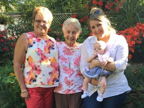 Barbra Hopkins, left, president of the board of directors for Family Caregivers of B.C., poses for a photo with her 91-year-old mother, for whom she is the primary caregiver, as well as her own daughter and granddaughter. Hopkins says a new report by the Office of the Seniors Advocate of B.C. makes good recommendations but will have little impact without adequate provincial funding.