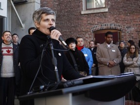 FILE PHOTO - Victoria Mayor Lisa Helps, shown here addressing a crowd on Jan. 31, 2017, was behind a UBCM resolution to ban corporate and union donations for election campaigns.