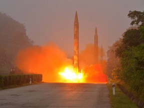 (FILES) This undated file photo released by North Korea's official Korean Central News Agency (KCNA) on July 21, 2016 shows a missile fired during a drill by Hwasong artillery units of the Strategic Force of the Korean People's Army. North Korea on August 3, 2016 test-fired a ballistic missile towards the Sea of Japan, South Korea said, in an apparent show of force against the planned deployment of a US missile defence system.  / AFP PHOTO / KCNA / KNSKNS/AFP/Getty Images