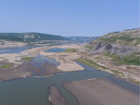 An aerial view of Site C construction on the north bank of the Peace River near Fort St. John this summer.