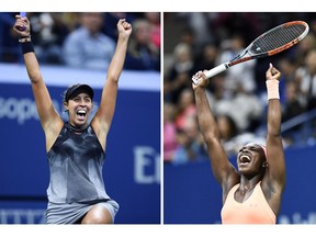 Tennis stars Madison Keys, left, and Sloane Stephens, both Americans, celebrate after winning their 2017 U.S. Open Women's Singles Semifinals matches in New York. They both advanced to their first Grand Slam final.