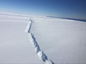 A large rift near the Pine Island Glacier tongue, West Antarctica, was photographed during an IceBridge flight on November 4, 2016.
