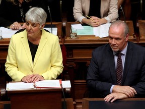 B.C. Finance Minister Carole James delivers the budget as Premier John Horgan looks on.