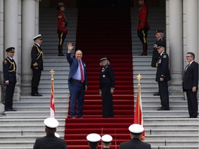 John Horgan,Judith Guichon,

Premier John Horgan and Lt.-Gov. Judith Guichon meet on the steps of Legislature before the speech from the throne in the legislative assembly in Victoria, B.C., on Friday, September 8, 2017.