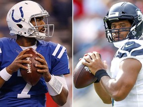 Indianapolis Colts quarterback Jacoby Brissett (left) has an admirer in Sunday's rival in Seattle, Seahawks pivot Russell Wilson.
