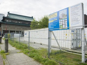 A development proposal sign sits on an empty lot, 105 E Keefer, in the Chinatown, Vancouver, May 18 2017.